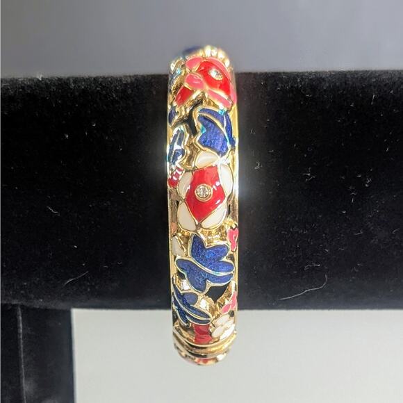 Vintage Jiu Long Xing Cloisonné Hinged Bangle Bracelet – Floral Enamel - Picture 1 of 4